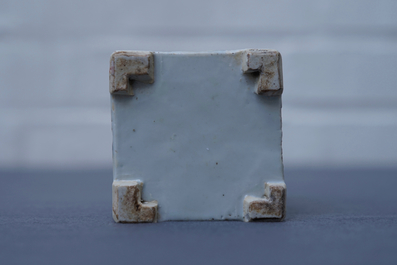 A square Chinese famille rose brush pot on wooden stand, Yongzheng/Qianlong